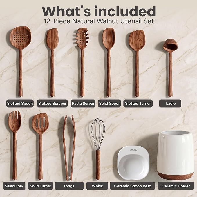 SMIRLY Walnut Wooden Utensil Set with Ceramic Holder & Spoon Rest,12-Piece | Non-Scratch Wooden Spoons for Cooking, Comfortable Grip Luxury Kitchen Gifts for Serving, Nonstick Cookware and Housewarming - Image 2