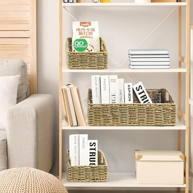Pantry Baskets Organization, Wicker Storage Basket Green | Handwoven Pantry Organizers and Storage with Built-in Handles, Laundryroom Organization Storage Bins for Snack Cans - Image 5