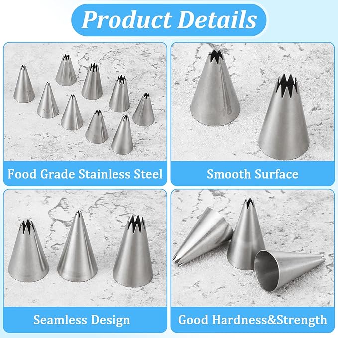 JIEYAO 9 Piece Stainless Steel Star Piping Tips Set, French Open Star Tube Frosting Nozzle Kit Pastry Decorating Tips for Cupcakes Cakes Cookies Decorating