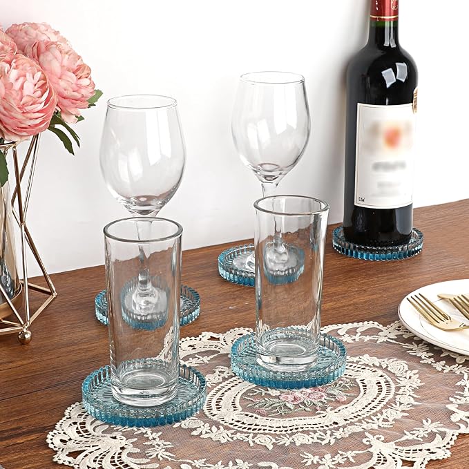 Modern Clear Coaster Set of 5- Glass Coasters for Drinks, Clear Blue | Crystal Coasters Round Cup Mat Coffee Table Decor for Office, Kitchen, Bar, Dining Room, Living Room, Patio - Image 2