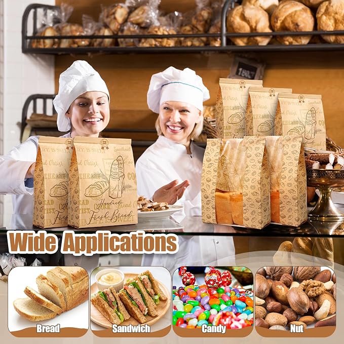 Feifeiya 150 Pack Kraft Paper Bread Bags for Homemade Sourdough Bread Bag with Clear Window 13.7 x 8.2 x 3.5 Large Bakery Packaging for Treat Storage Gift Giving with Seal Sticker - Image 4