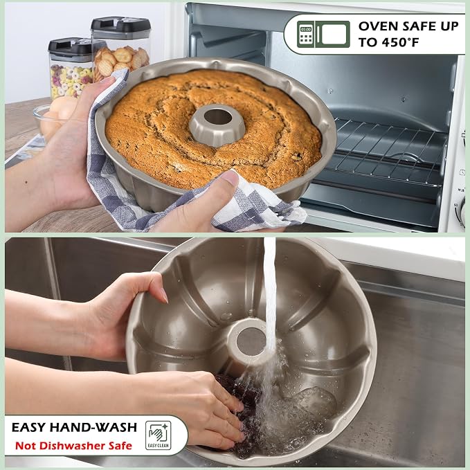 TeamFar 10 Inch Nonstick Cake Pan, 10 Cups Fluted Tube Cake Pan for Baking | Heavy Duty Carbon Steel Round Baking Tray for Making Jello/Monkey Bread/Chocoflan, Non Toxic, Easy Clean - Champagne Gold - Image 5