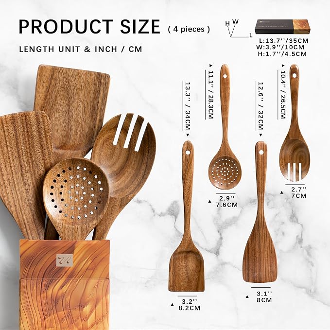 Wooden Spoons for Cooking, 4-Piece Acacia Wood Cooking Utensil Set | Spoons and spatulas stir, mix, flip and serve; balanced handles offer control while staying gentle on nonstick cookware. - Image 2