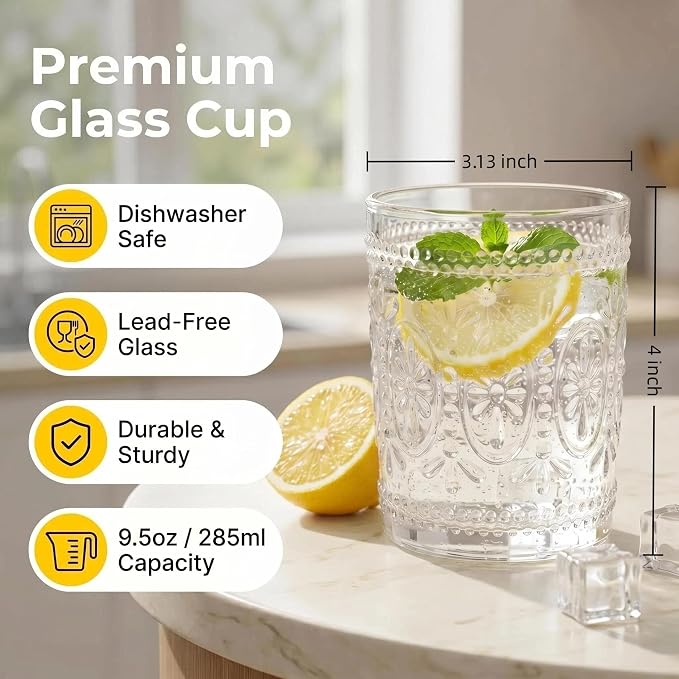 Bekith 6 Pack Drinking Glasses, 9.5 oz Romantic Water Glasses, Clear Embossed Glass Cups Vintage Glassware Set for Whisky, Juice, Beverages, Beer, Cocktail - Image 2