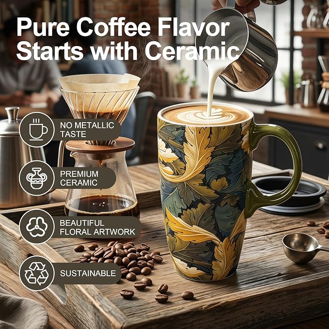 Topadorn 17oz Ceramic Travel Mug with Lid, William Morris Acanthus Leaf | Coffee Mug with Handle, Dark Gold Botanical Latte Cup, Microwave & Dishwasher Safe, Gift Box Included - Image 3
