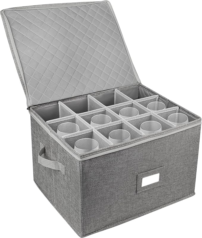 LotFancy Stemware Storage Container, Hard Shell, Stackable Wine Glass Storage Box with Dividers & Handles, Crystal Glassware, Champagne Flute, Drinkware Case for Moving, Grey by LotFancy