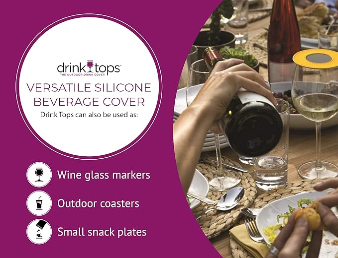 Drink Tops Ventilated Silicone Wine Glass Covers - Weighted Cover Allows air to circulate - Outdoor Glass Protectors prevent particles - BPA Free - 4 Pack