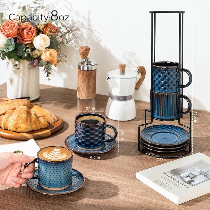 GBhome 6 OZ Stackable Coffee Mugs Set of 4, Ceramic Espresso Coffee Cups | Coffe Cups With Saucer and Stand, Dishwasher&Microwave Safe, 4 Assorted Designs - Image 3