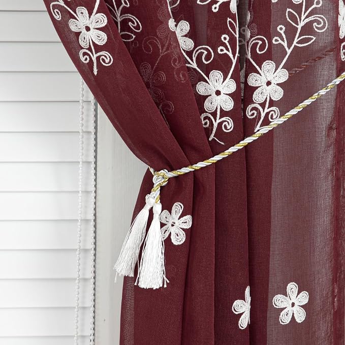 Red Sheer Curtains 84 Inches Long 2 Panels, White Floral Pattern Drapes for Living Room, Light Filtering Rod Pocket Window Treatments for Office, 54 x 84 Inches - Image 5