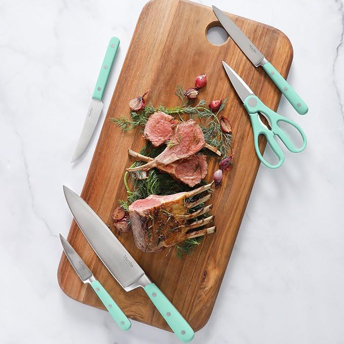 MARTHA STEWART Eastwalk 14 Piece High Carbon Stainless Steel Cutlery Knife Block Set w/ABS Triple Riveted Forged Handle Acacia Wood Block - Martha Blue - Image 6