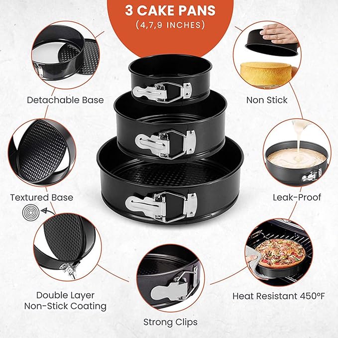 Springform Cake Pan Set with Cake Decorating Kit, Non-stick Leakproof Round Cake Pans of 4, 7, 9 Inches, 12 Pcs Parchment, 3 Cake Scrapers, Resuable Piping Bag, Coupler and Tips - Image 4