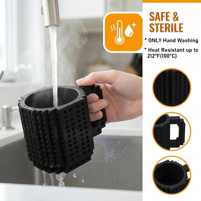 Lumsburry Build-on Brick Coffee Mug, Funny DIY Unique Novelty Drinking Cup | Building Blocks Creative Mug, for Men Women Kids Dad Mom, Present Exchange Ideas, Xmas Birthday White Elephant(Cool Black) - Image 3