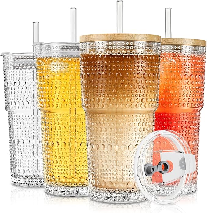 SoulTimes 20oz Hobnail Glass Tumbler with Bamboo Lids and Straws - Iced Coffee Glass Cups for Smoothie, Matcha, Juice, Water etc. Leakproof and Reusable Glassware Drinking for Travel To Go [4 Pcs] by SoulTimes