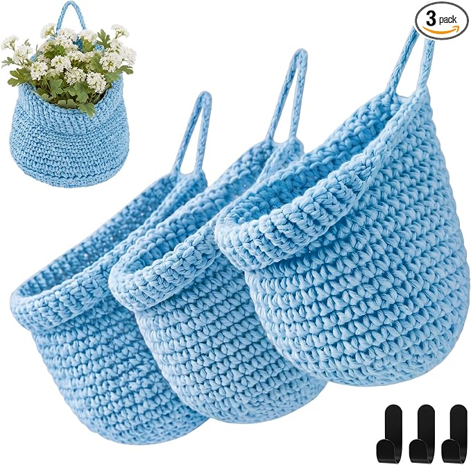 Honeydak Boho Decor Hanging Wall Baskets for Kitchen 3 Pack Teardrop Baskets with Hooks Storage Fruit Onion Vegetable Potato for Home(Light Blue,Barrel,Cotton Rope) by Honeydak