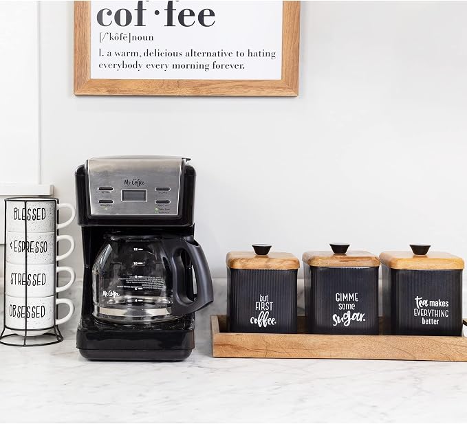 AuldHome Design Farmhouse Black Enamelware Canisters (Set of 3); Storage Containers for Coffee, Tea and Sugar in Black Enamel and Wood Design - Image 4