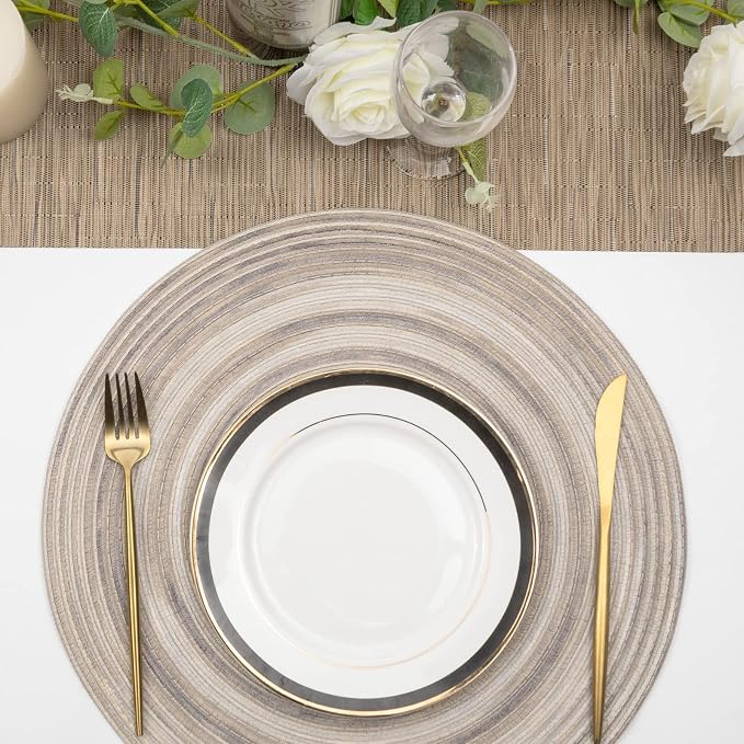 SHACOS Round Braided Placemats 15 inch Set of 4 Variegated Washable Kitchen Table Placemats for Home Wedding Party (Rainbow Gray, 4) - Image 9