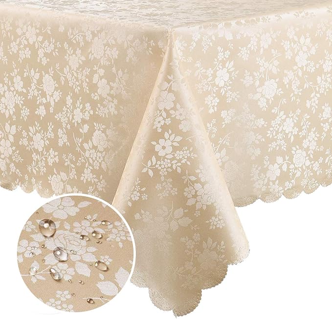 Smiry Rectangle Waterproof Heavy Duty Vinyl Tablecloths, 60 x 102 Inch | Wipeable Washable Floral Embossed Table Cover for Kitchen and Dining Room, Indoor & Outdoor Use, Beige by Smiry