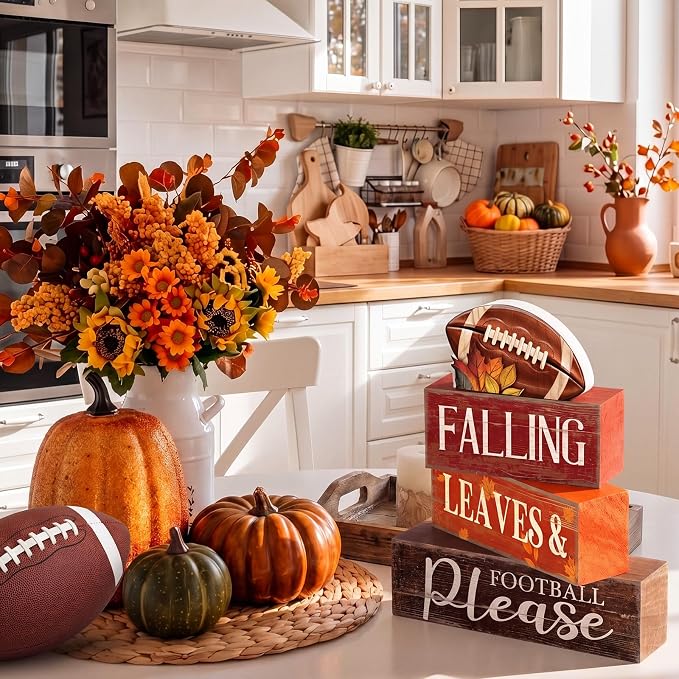 Moucuny 4 Pcs Fall Football Table Decorations for Home Fall Tiered Tray Decor Falling Leaves & Football Please Centerpieces with Footballs Topper, Rustic Thanksgiving Decor for Home, Game Day Party - Image 7