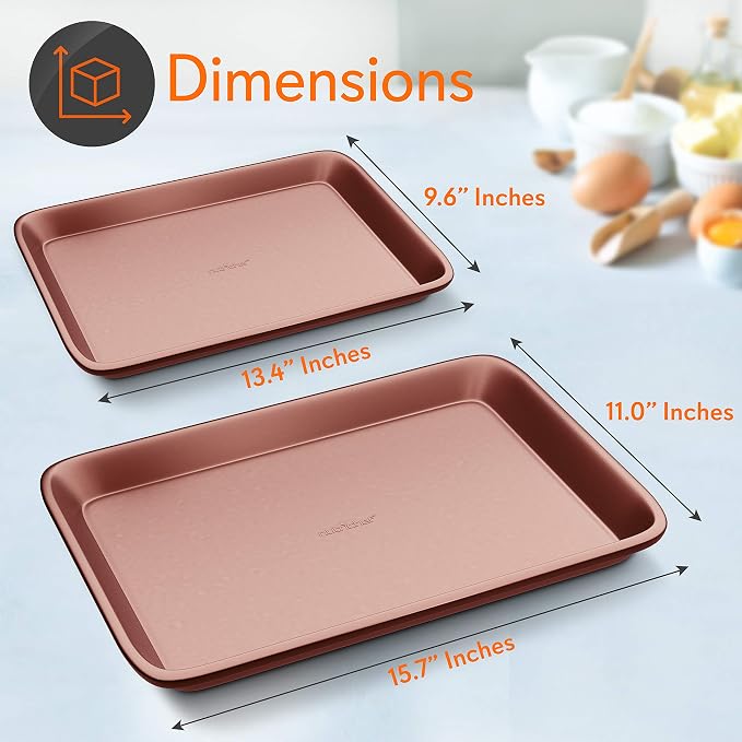 NutriChef Nonstick Cookie Sheet Baking Pan - 2pc Large & Medium Metal Oven Baking Tray, Professional Quality Kitchen Cooking Non-Stick Bake Trays w/ Rimmed Borders, Rose Gold - Image 6