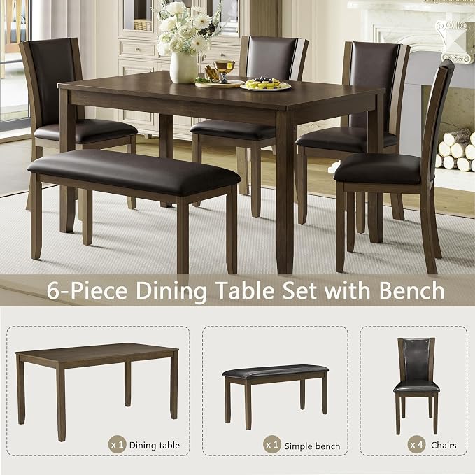 6-Piece Dining Table Set with Bench and Chairs - Solid Wood Kitchen Dining Room Table Set in Farmhouse Rustic Style, Table Set for 6 with 4 Chairs and Bench Seat.(Dark Walnut_Large) - Image 7