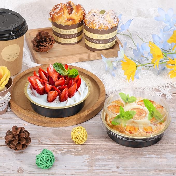 Beasea 100 Pack 4” Mini Pans with Lids, 8oz Disposable Aluminum Baking Foil Tins Round Small Dark Red Spot Container for Individual Cupcake Dessert Muffin Ramekin Cheesecake Quiche Oven Dishes - Image 4