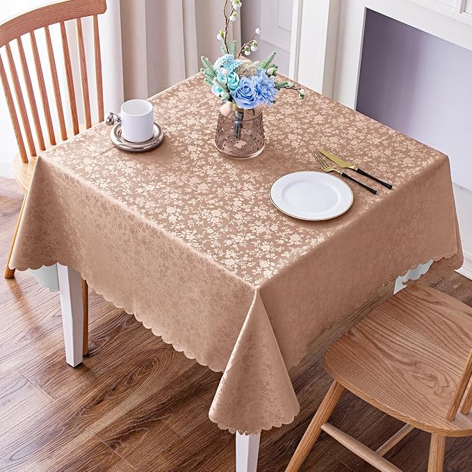 Smiry Square Waterproof Heavy Duty Vinyl Tablecloths, 54 x 54 Inch | Wipeable Washable Floral Embossed Table Cover for Kitchen and Dining Room, Indoor & Outdoor Use, Tan by Smiry