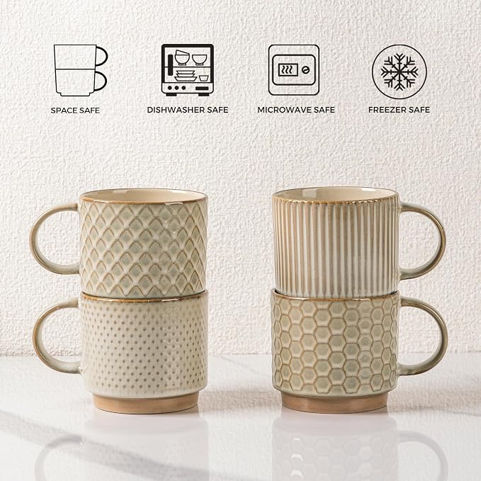 GBhome 12 OZ Stackable Coffee Mugs Set of 4, Ceramic Coffee Cups Set | Coffee Mugs With Stand, Dishwasher&Microwave Safe, 4 Assorted Designs - Image 7