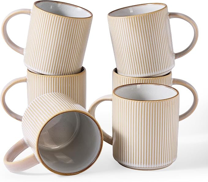 famiware Coffee Mug Set for 6, Star 16 oz Catering Mugs Cup Set with Handle for Coffee, Tea, Cocoa, Milk - Ceramic Stoneware Drinkware Set, Cappuccino White by Famiware