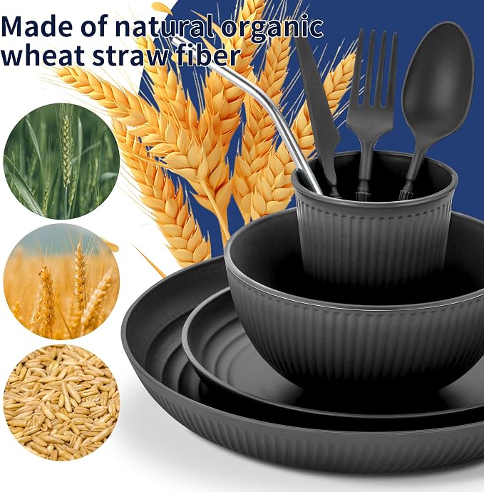 Wheat Straw Dinnerware Sets,64-Piece Plates and Bowls Sets for 8-Unbreakable,Reusable Plastic Dish Set-Dinner Plate/Dessert Plate/Cereal Bowl/Cup/Utensils-Microwave Dishwasher Safe 64P-Profound Gray - Image 6