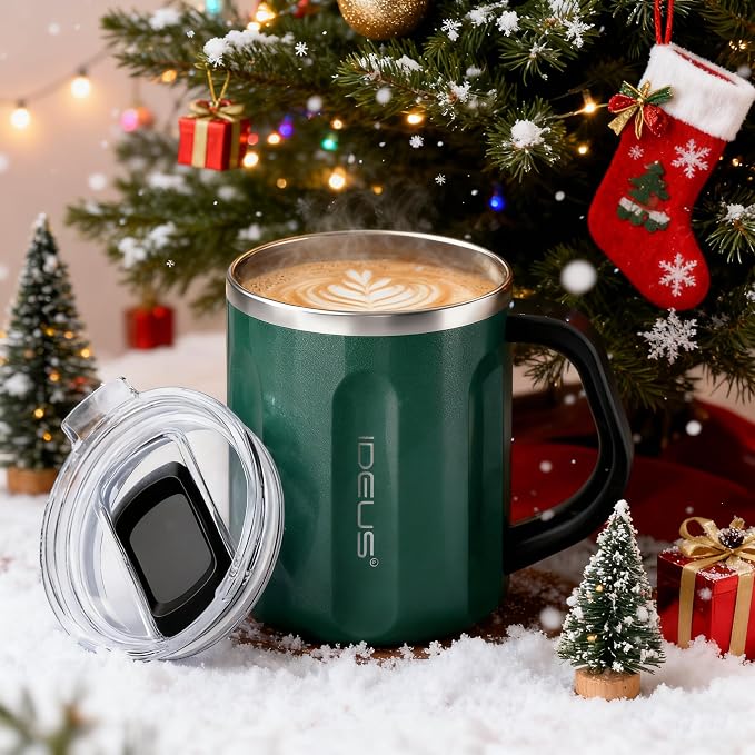 Ideus 16 oz Insulated Coffee Mug with Handle and Lid, Double Wall Stainless Steel Vacuum Thermal Coffee Mug, Travel Coffee Cup Thermal Cup for Home and Office, Deep Green-FUJI FLOW - Image 7