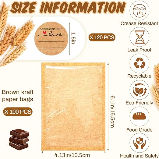 Outus 100 Pcs Cookie Packaging Bags with Seal, 4 x 6 Inch Bakery Pastry Bags with Window, Heat Sealable Grease Resistant Paper to Go Bake Sleeves for Gift Giving Donut Bread Sandwich (Brown) - Image 2