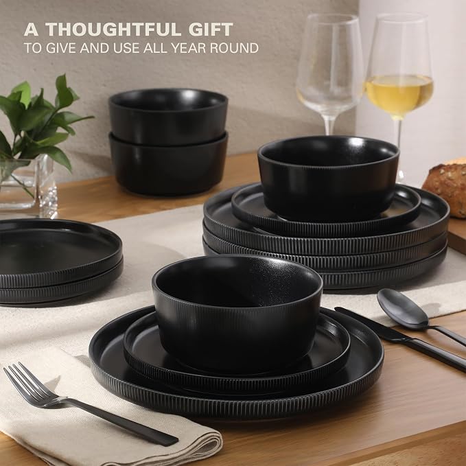 Gibson Home Dempsey Road 12-Piece Stoneware Dinnerware Set – Service for 4, Round Black Plates and Bowls, Durable Solid Color Modern Embossed Dish Set, Microwave & Dishwasher Safe - Image 5