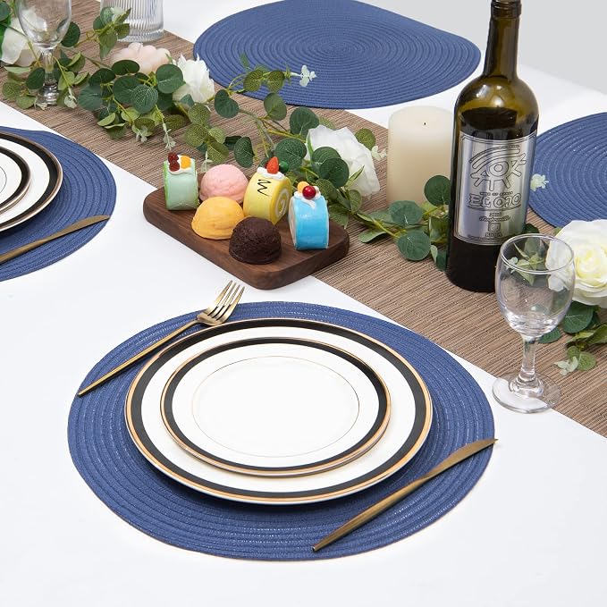 SHACOS Round Placemats Set of 6 Washable 15 inch Round Table Mats Cotton Polyester Woven Braided Place Mats for Dining Table (Sail Blue, 6) - Image 6