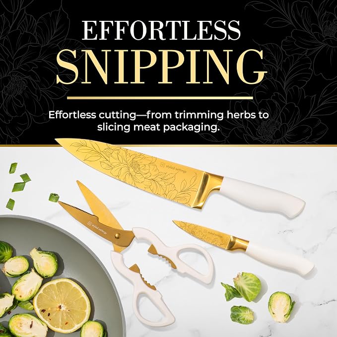 Styled Settings White and Gold Knife Set with Elegant Floral Pattern, 14-PC | Golden Titanium-Coated Stainless Steel Gold Knives with Block, Ultra-Sharp, Durable Kitchen Knife Block Set - Image 7