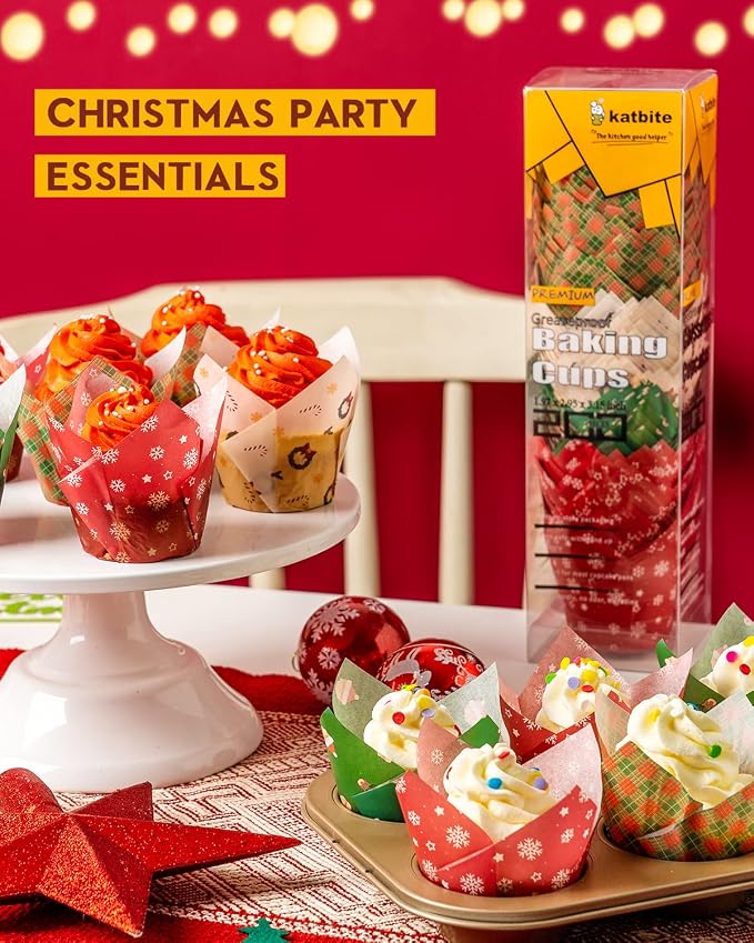 Katbite Christmas Tulip Cupcake Liners 200PCS, Muffin Baking Holders | Greaseproof Baking Cups for Christmas Party, Holiday, Wedding, Birthday, Food Grade Paper Cupcake Wrapper for Muffin - Image 5
