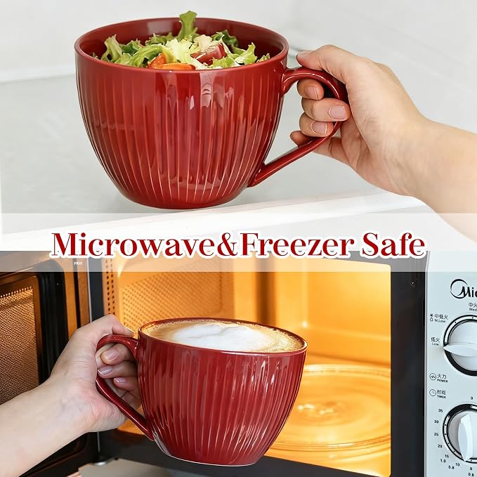 24 oz Large Ceramic Coffee Mug Set of 2, Red & Green Ribbed | Jumbo Mugs with Handle, Giant Soup Cups for Hot Chocolate, Latte, Oatmeal - Ideal Gift for Dad & Grandpa, Large Soup Bowl - Image 6