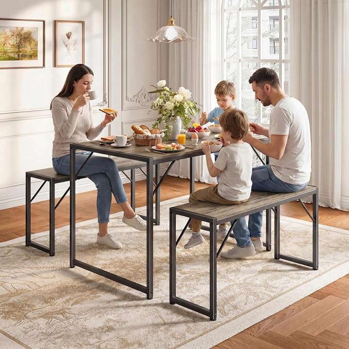 Bealife Dining Table Set for 4 with Metal Frame and MDF Board - Grey | Space Saving Kitchen Table with 2 Benches, Kitchen Table Set for Apartment, Dining Room, Breakfast Nook - Image 2