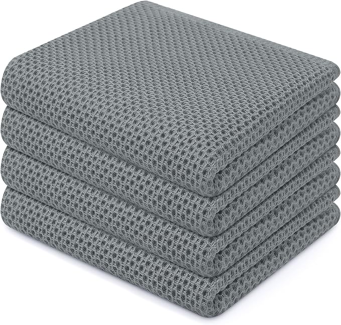 Homaxy 100% Cotton Waffle Weave Kitchen Dish Towels 4-Pack, Grey | 13 x 28 Inches, Ultra Soft Absorbent Dish Towels, Quick Drying Cleaning Towels by Homaxy