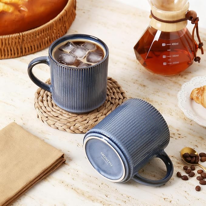 MONITO 16Oz Coffee Mugs Set of 6, Rustic Ceramic Coffee Cups Set with Large Handle, Vintage Striped Stoneware Coffee Mugs for Latte, Cocoa, Tea, Milk, Microwave & Dishwasher Safe, Deep Blue - Image 3
