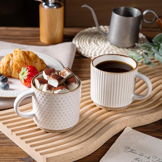 GBhome 6 OZ Stackable Coffee Mugs Set of 4, Ceramic Coffee Cups Set | 4 Assorted Designs, Embossed Mugs with Texture Patterns for Espresso/Tea, Dishwasher&Microwave Safe, Off White - Image 6