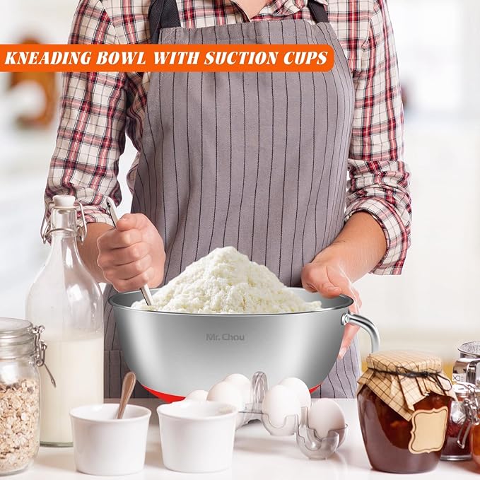 Suction Mixing Bowl SUS304 Stainless Steel w/Non-Slip Silicone Suction Cups Base, Egg Beating Bowls with Handle Baking Bowl Tool for Cooking Baking Prepping Food Storage Batter Bowl Deepen