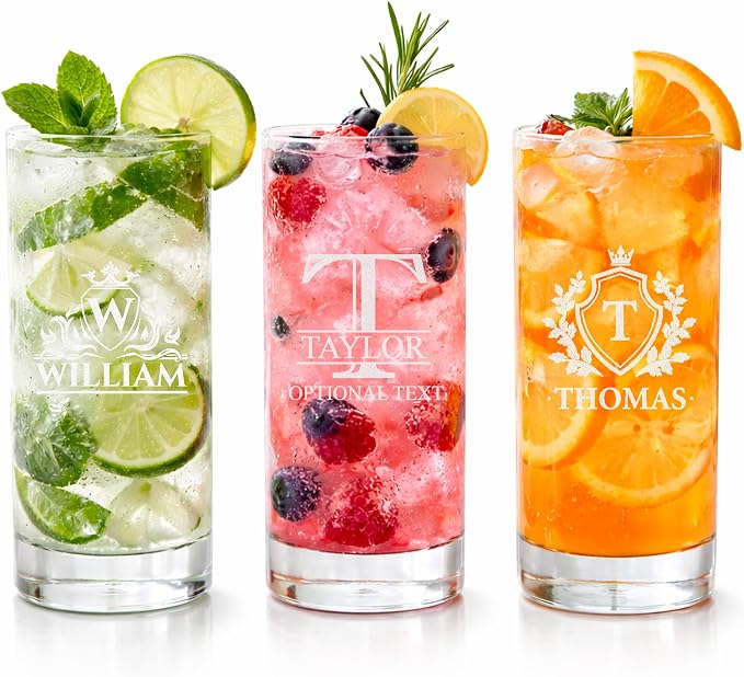 Personalized Highball Glass, Custom Engraved Monogrammed Tall Cocktail Cup | 14oz Collins Glass & Bar Glassware for Birthday & Housewarming, Dishwasher Safe Drinking Glass for Mojito, Iced Tea by YayPersonalizedGifts