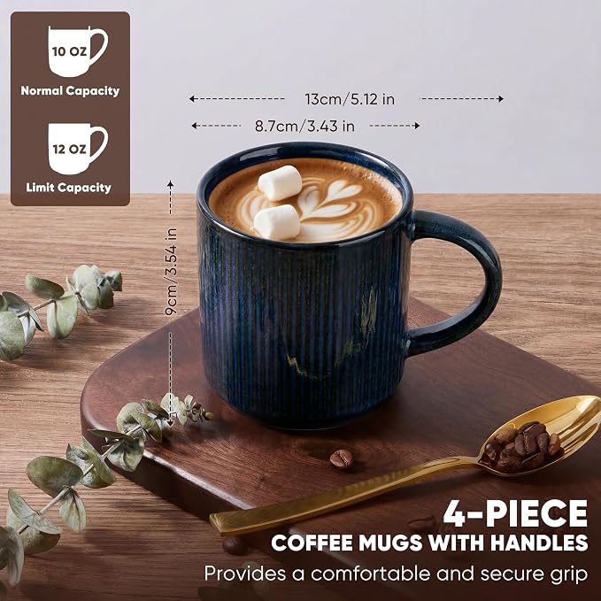 E-far Coffee Mugs Set of 4, 12 oz Stoneware Coffee Cups with Handle for Latte, Tea, Cocoa, Milk, Modern Ribbed Ceramic Mugs for Man Woman, Microwave & Dishwasher Safe, Midnight Blue - Image 2