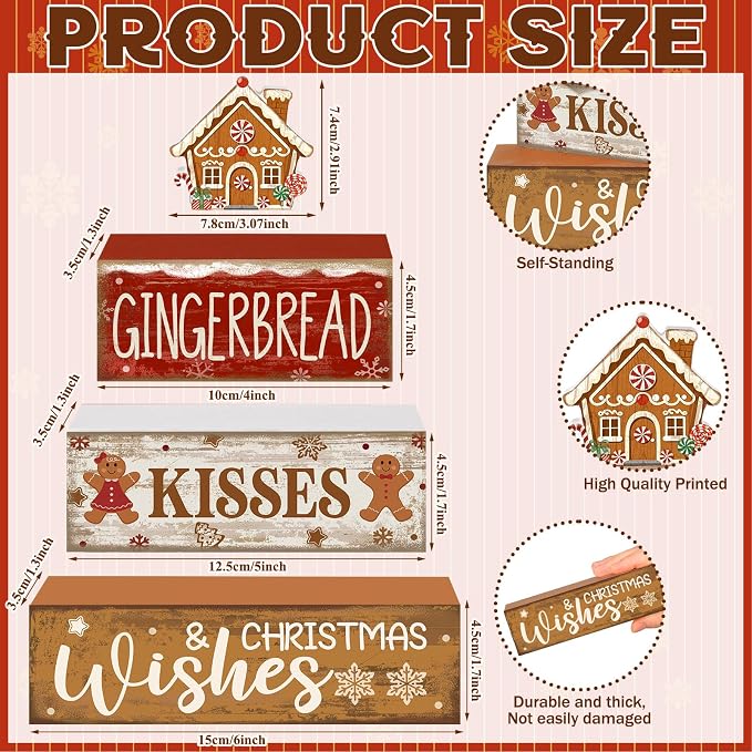 Moucuny 4 Pcs Christmas Table Decoration Gingerbread House Wooden Stacked Block Decor Gingerbread Centerpiece Block Signs Rustic Christmas Tiered Tray Decoration for Home Kitchen Coffee Bar - Image 3