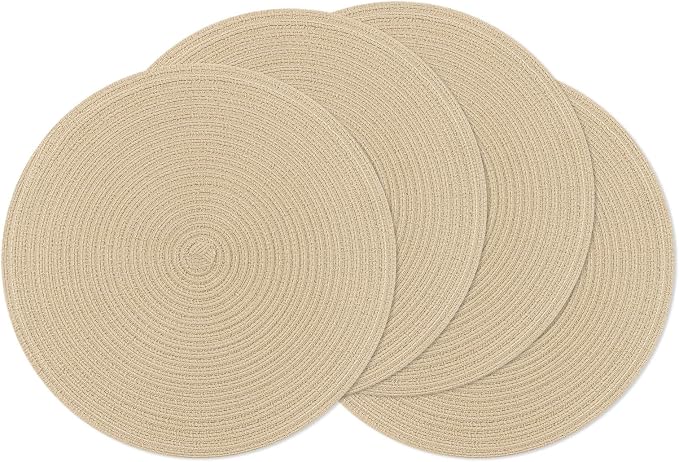 SHACOS 15 inch Round Braided Placemats Set of 4 Cotton Polyester Place Mats Washable Kitchen Dining Table Mats for Dinner Party Table Decor (Light Beige, 4) by SHACOS