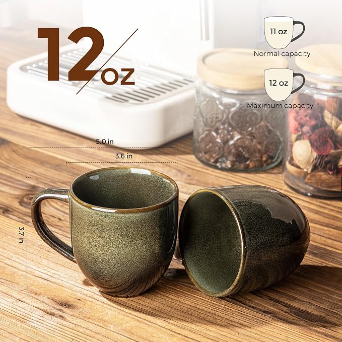 theterra Ceramic Coffee Mugs Set of 6, 12 oz Coffee Cups with Handle | Handmade, Suitable for Latte, Tea, Milk, Beer & Hot Cocoa, Olive Green - Image 2