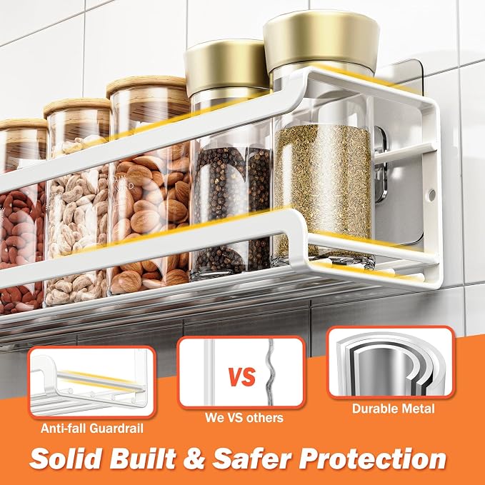 Bunoxea Spice Rack Wall Mounted 2 Pack, White,For Spice Jars & Seasonings | 2 Removalble Hooks,Screw or Adhesive Hanging, Space-Saving,For Kitchen Cabinet, Pantry Door,Stove,RV Use,11.41x2.75x2.75in - Image 5