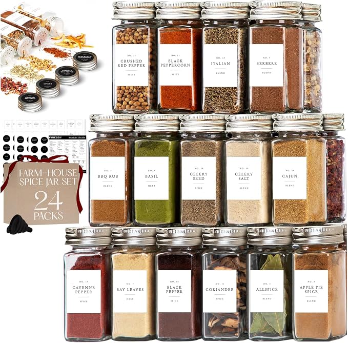 FINESSY Thick Glass Spice Jars With Labels, Airtight Metal Lids 4oz 24 Pack | Empty Spice Jars With Sift / Pour Shaker Inserts, Airtight Lids, Waterproof Labels (200 Pre-Printed, 40 Blank) And Funnel by Finessy