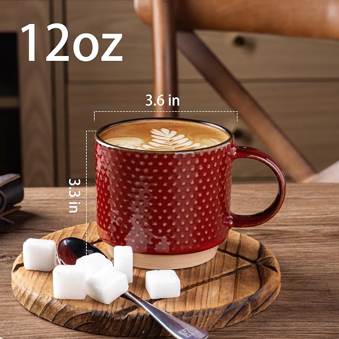 GBhome 12 OZ Stackable Coffee Mugs Set of 4, Ceramic Coffee Cups Set | 4 Assorted Designs, Embossed Mugs with Texture Patterns for Tea/Coffee, Dishwasher&Microwave Safe, Red - Image 4
