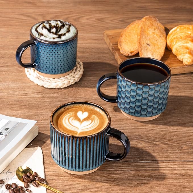GBhome 12 OZ Stackable Coffee Mugs Set of 6, Ceramic Coffee Cups Set | 3 Assorted Designs, Embossed Mugs with Texture Patterns for Tea/Coffee, Dishwasher&Microwave Safe, Deep Sea - Image 6